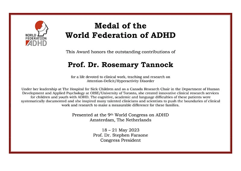 Medal Certificate Prof. Dr. Rosemary Tannock