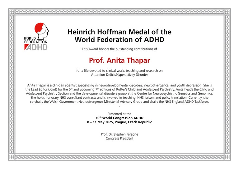 Medal Certificate Prof. Anita Thapar